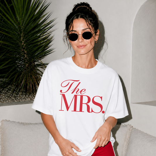 Mrs. Graphic Tee white cotton T-shirt with bold red “The Mrs.” bridal typography and relaxed fit