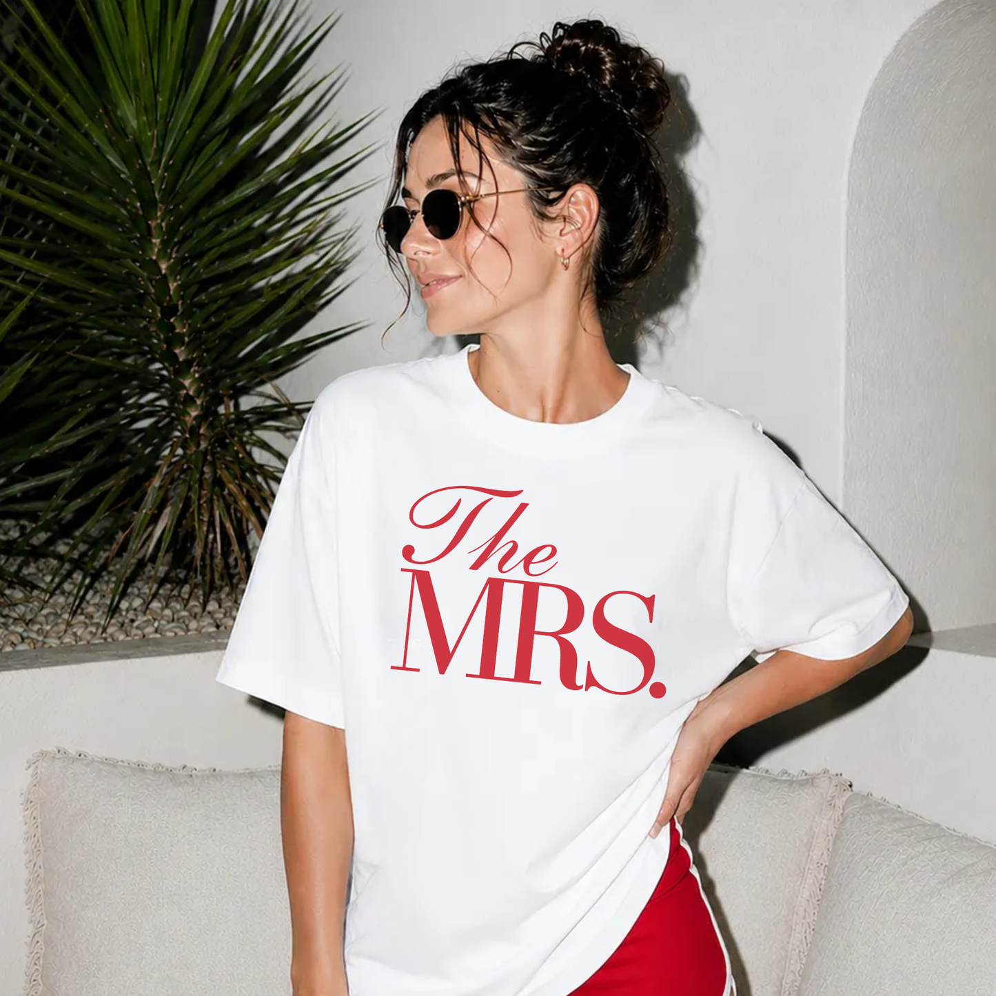 Mrs. Graphic Tee in white cotton with bold red “The MRS.” typography and a relaxed oversized fit