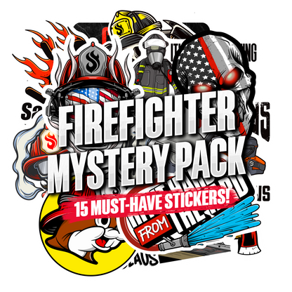 Mystery Sticker Packs graphic with bold firefighter and mystery pack lettering, featuring helmets, flames, flags, tools and colorful illustrated designs