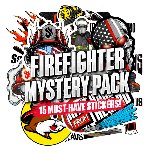 Mystery Sticker Packs graphic with bold firefighter and mystery pack lettering, featuring helmets, flames, flags, tools and colorful illustrated designs