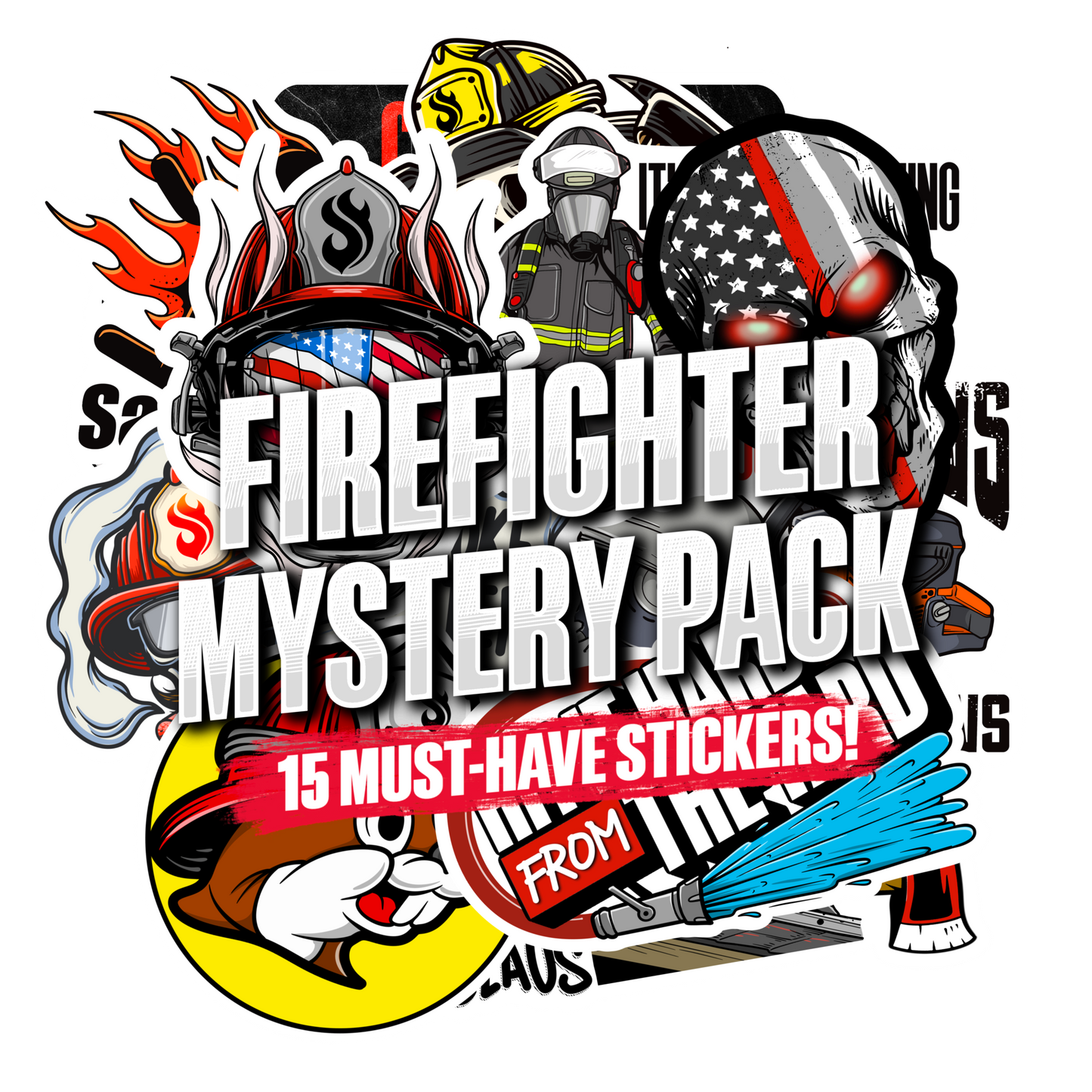 Mystery Sticker Packs graphic with bold firefighter and mystery pack lettering, featuring helmets, flames, flags, tools and colorful illustrated designs
