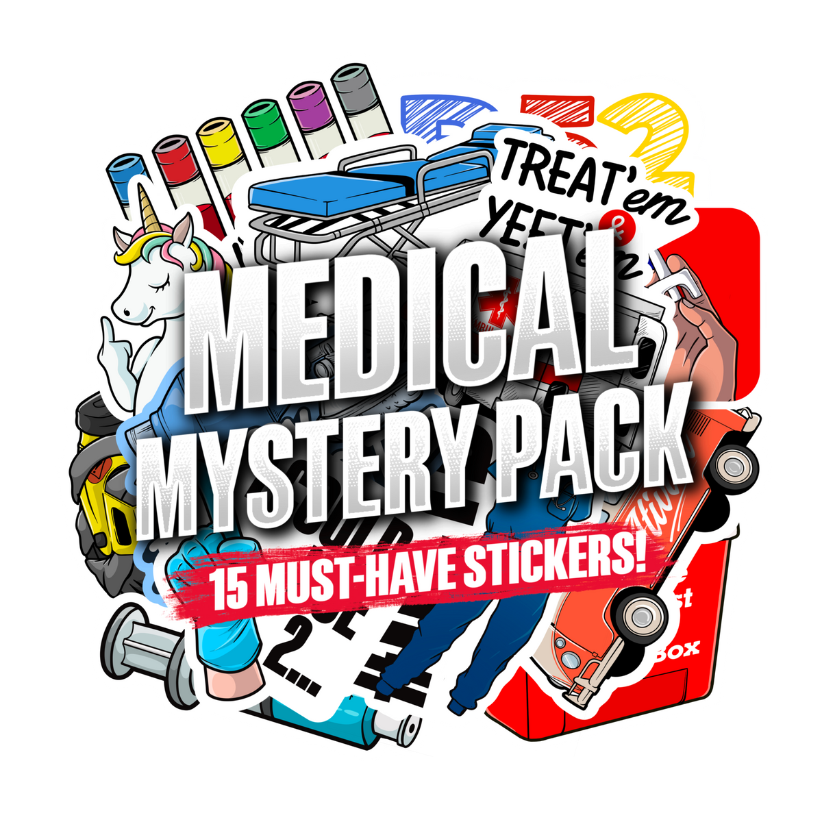 Mystery Sticker Packs featuring colourful medical-themed stickers, including a unicorn, ambulance, skateboards and bold lettering