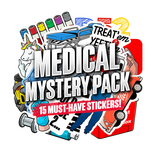 Mystery Sticker Packs featuring colourful medical-themed stickers, including a unicorn, ambulance, skateboards and bold lettering