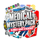 Mystery Sticker Packs featuring colourful medical-themed stickers, including a unicorn, ambulance, skateboards and bold lettering