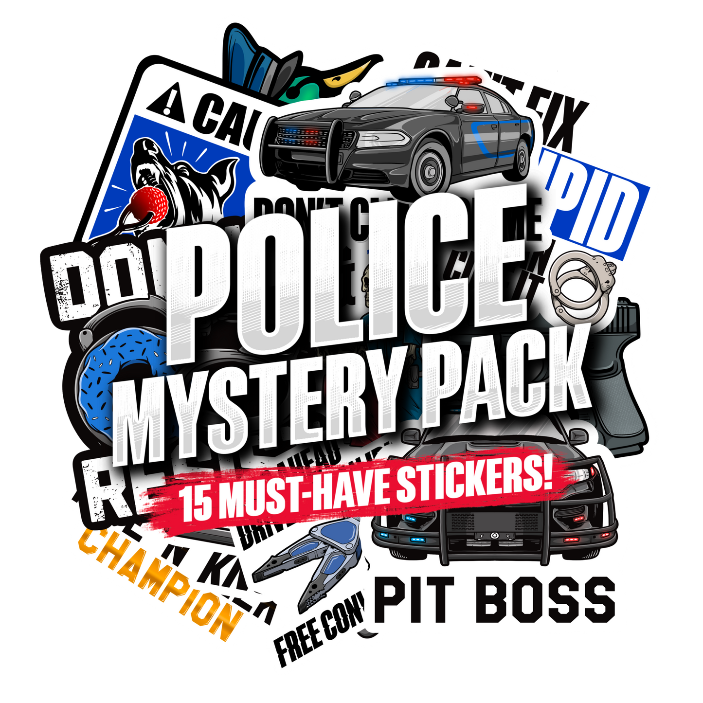 Mystery Sticker Packs featuring bold police, race car, pit boss, champion and distressed graphic stickers