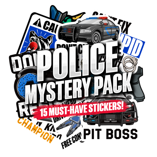 Mystery Sticker Packs featuring a colourful police-themed sticker collage with bold text and illustrated vehicles