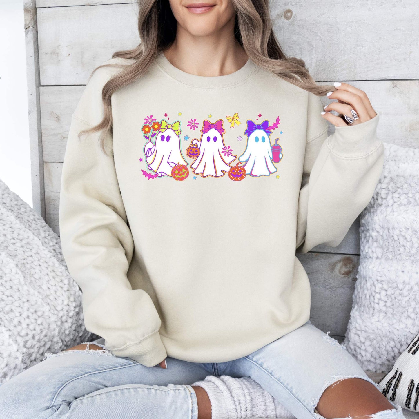 Neon ghosts Halloween checkered retro vintage spooky costume graphic sweatshirt