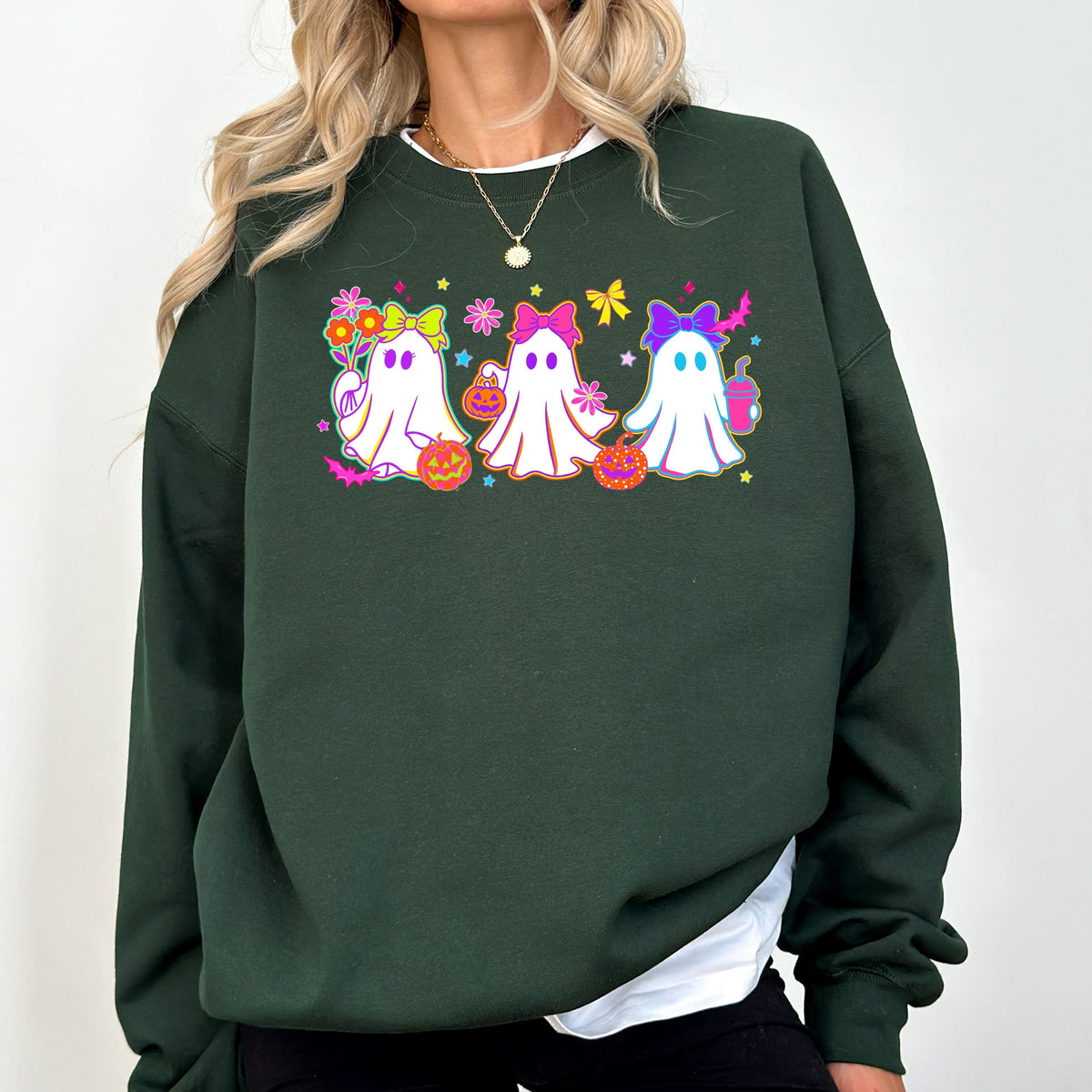 Neon Ghosts Halloween checkered retro vintage spooky graphic sweatshirt