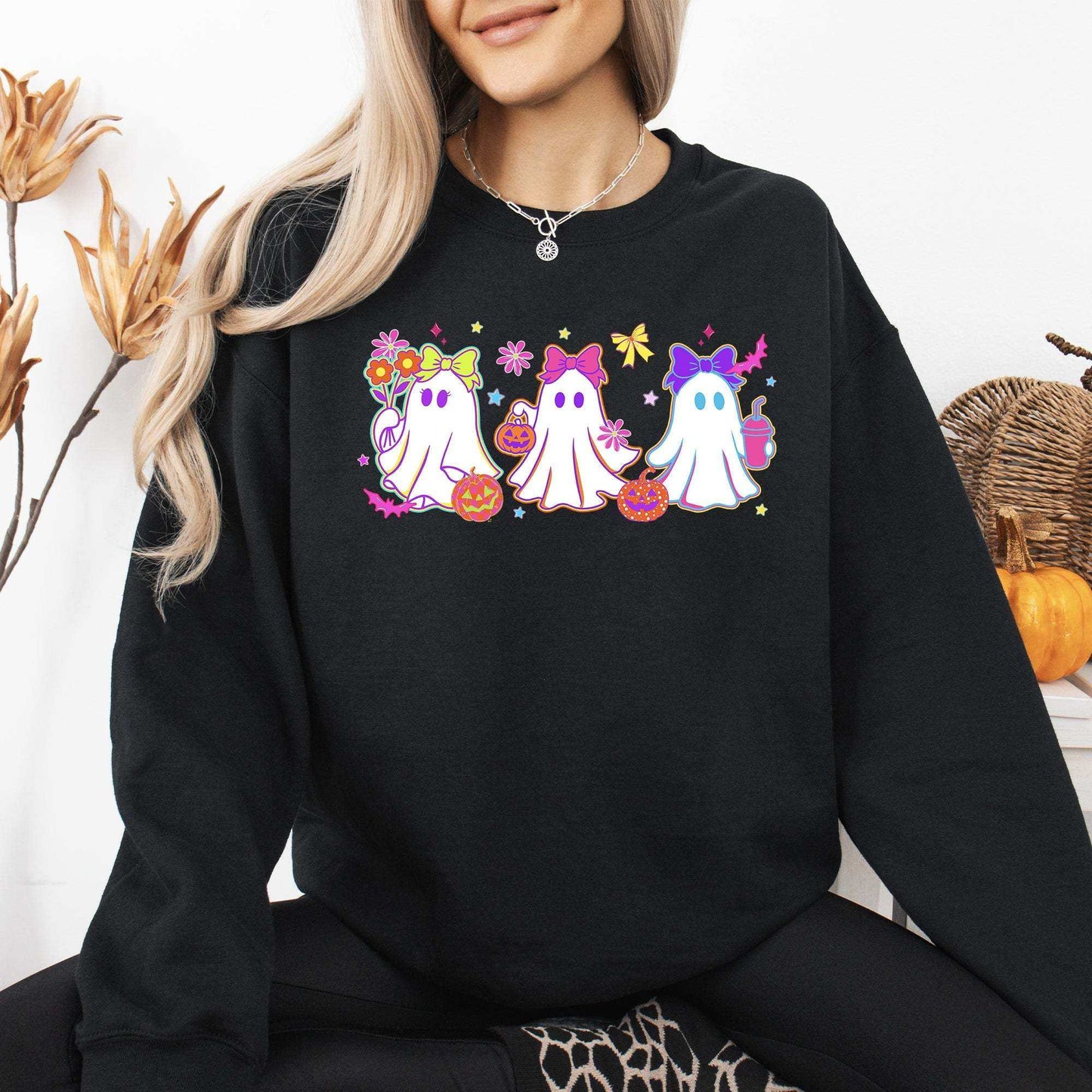 Neon ghosts checkered retro vintage Halloween sweatshirt
