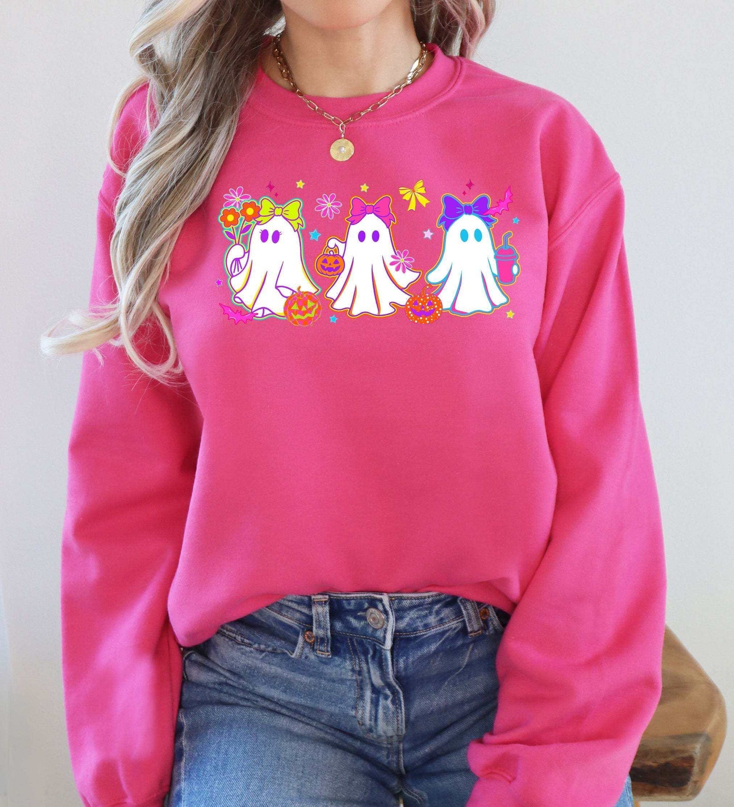 Neon ghosts Halloween checkered retro vintage graphic sweatshirt