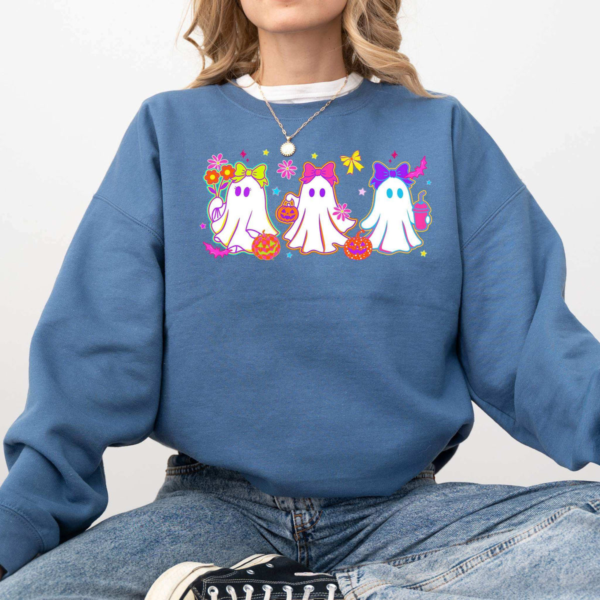 Neon ghosts and skeletons checkered Halloween graphic sweatshirt