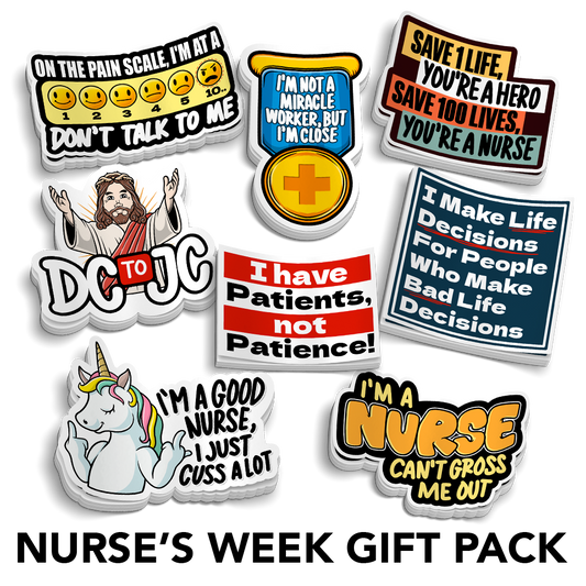 Nurse's Week sticker pack featuring eight colourful vinyl nurse-themed designs with humorous text and medical symbols