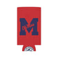 Ole Miss M Logo Can Cooler in red polyester with a large navy block M and Ole Miss script, featuring a Lake Martin emblem at the bottom