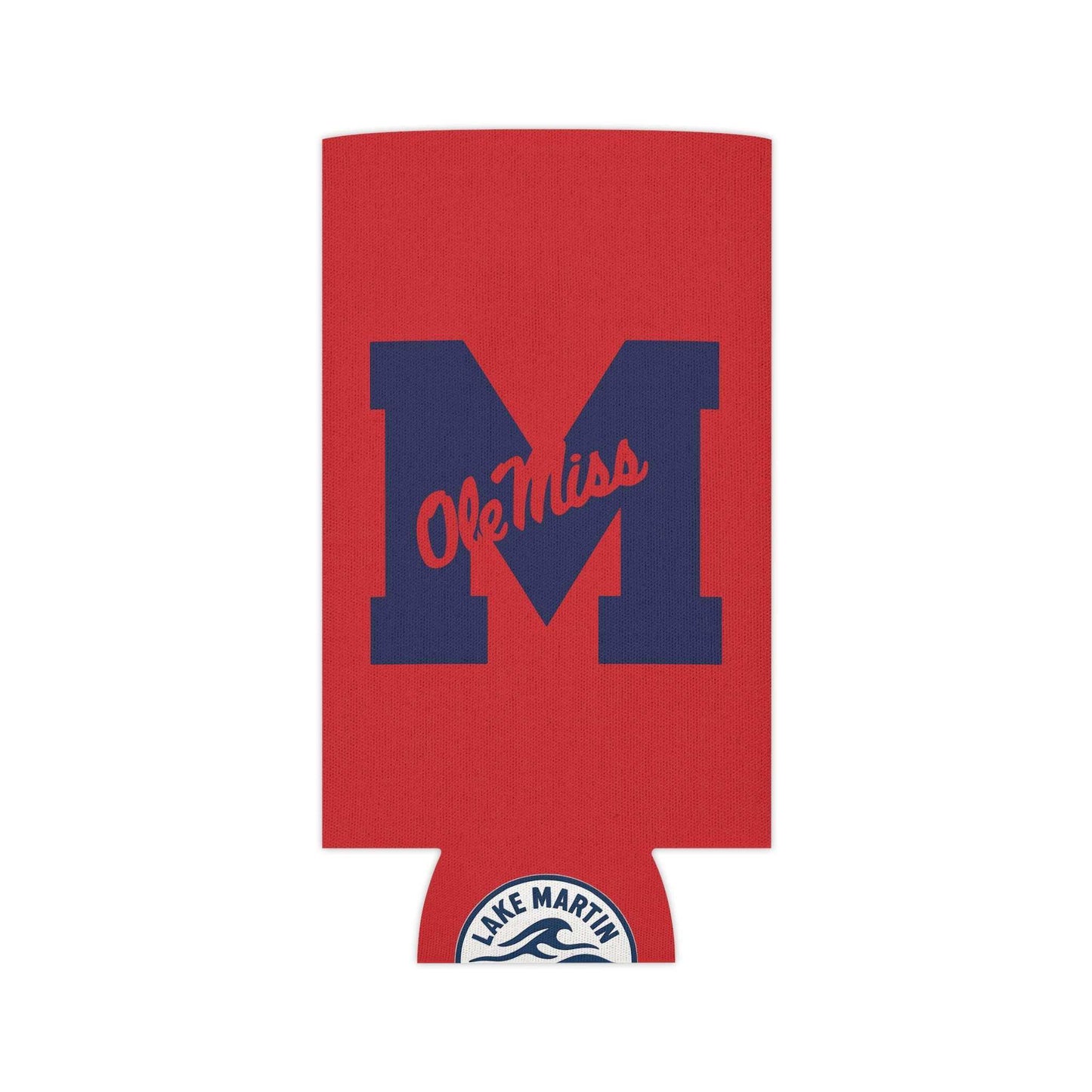 Ole Miss M Logo Can Cooler in red polyester with a large navy block M and Ole Miss script, featuring a Lake Martin emblem at the bottom