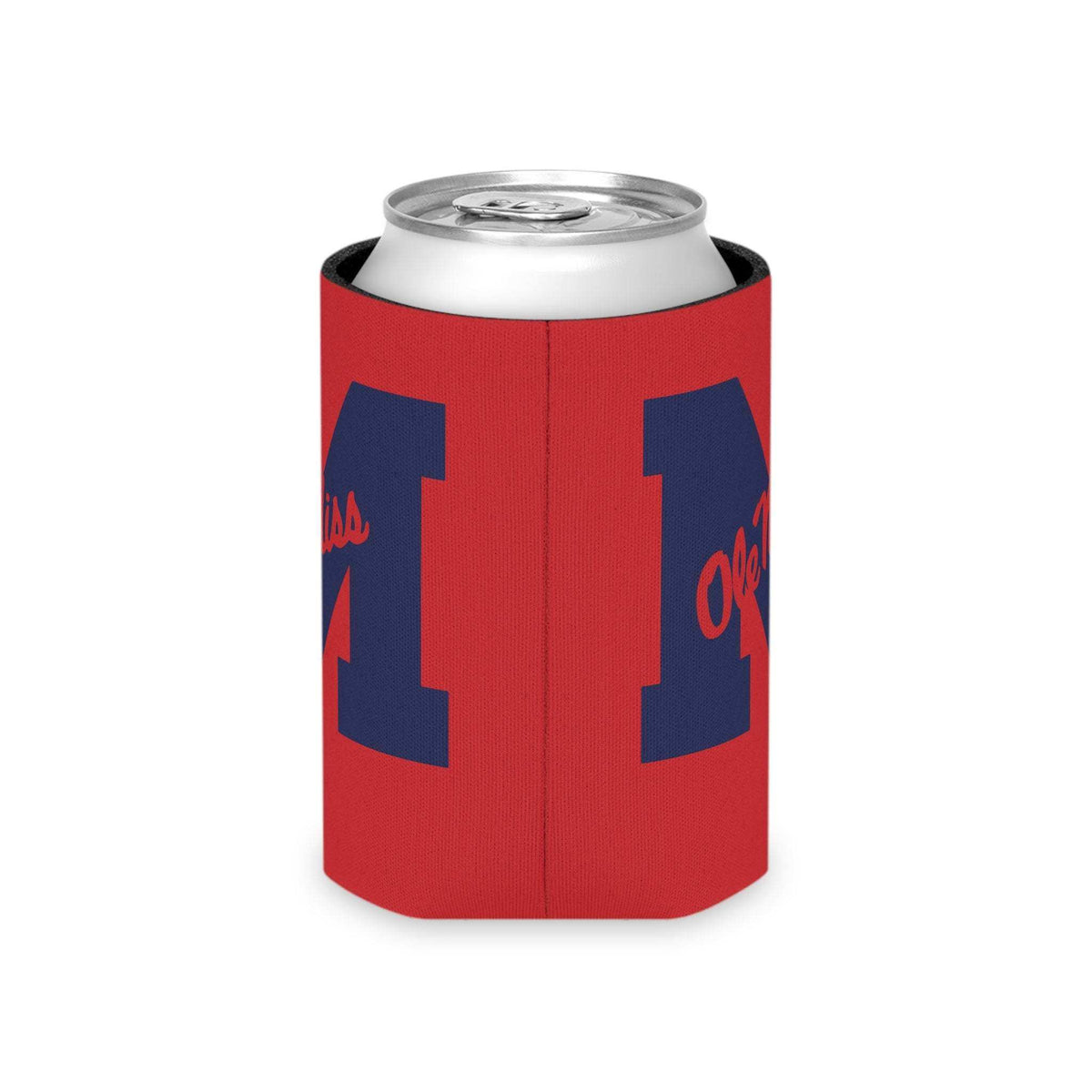 Ole Miss M Logo Can Cooler in red polyester with navy block M and Ole Miss script, foam insulated for cans