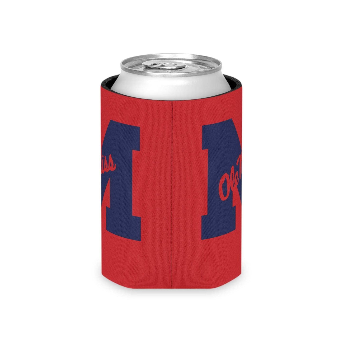 Ole Miss M Logo Can Cooler in red polyester with navy block M and Ole Miss script, foam insulated for cans