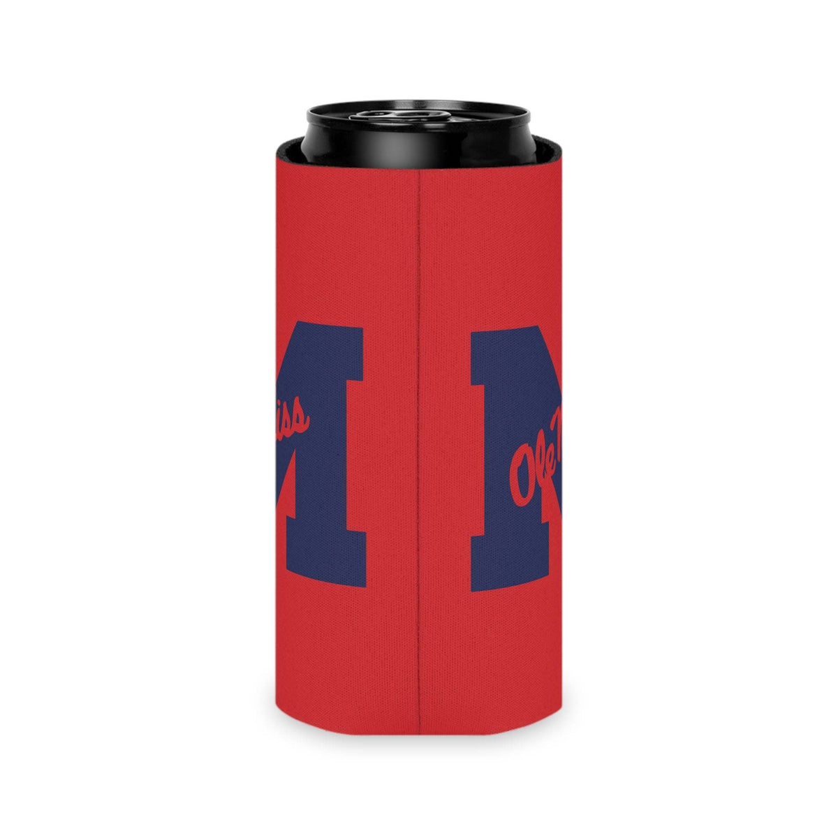 Red polyester Ole Miss M Logo Can Cooler with a large navy block M and script text, foam-lined for insulation