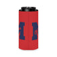 Red polyester Ole Miss M Logo Can Cooler with a large navy block M and script text, foam-lined for insulation