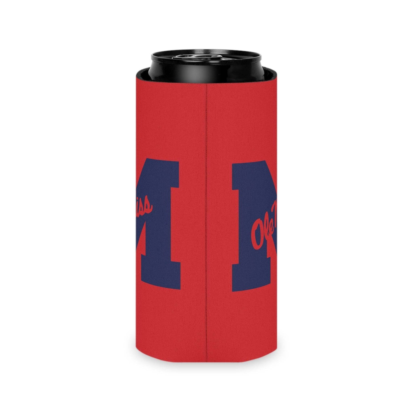 Red polyester Ole Miss M Logo Can Cooler with a large navy block M and script text, foam-lined for insulation