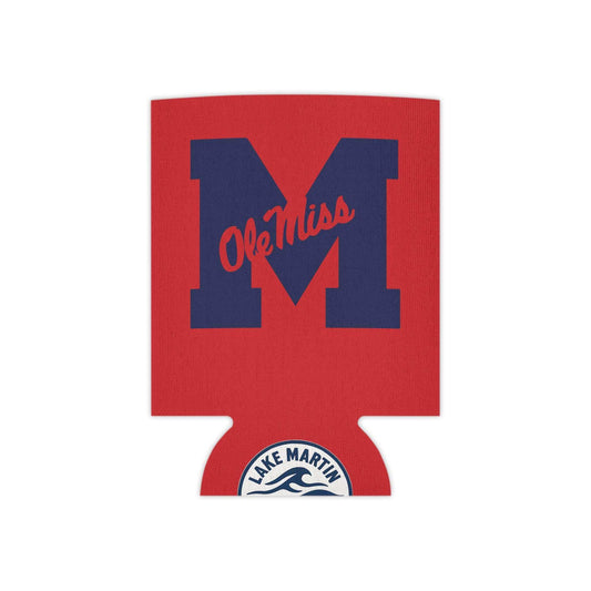 Ole Miss M Logo Can Cooler in red polyester with large navy block M, red Ole Miss script, and Lake Martin emblem at the bottom
