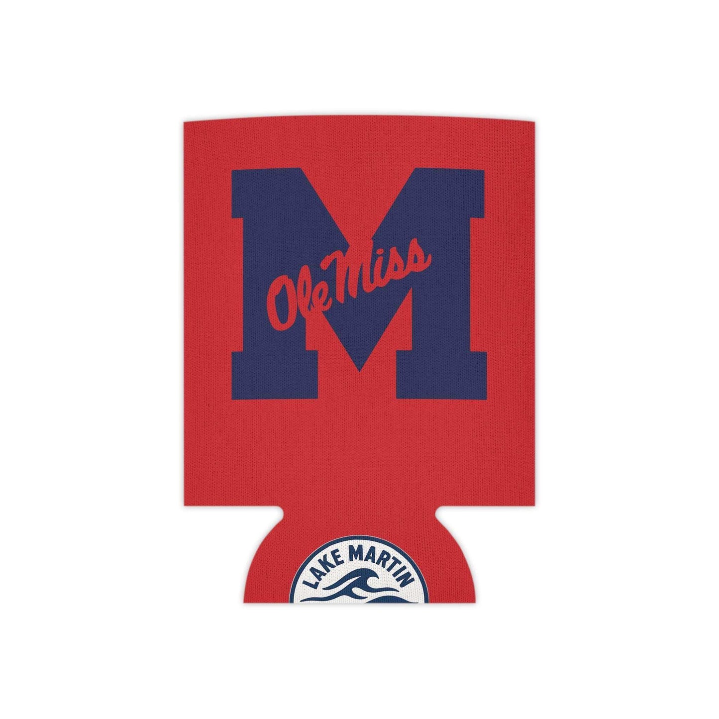 Ole Miss M Logo Can Cooler in red polyester with large navy block M, red Ole Miss script, and Lake Martin emblem at the bottom