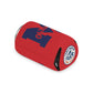 Ole Miss M Logo Can Cooler in red polyester with navy block M and Lake Martin emblem, foam-lined for insulation