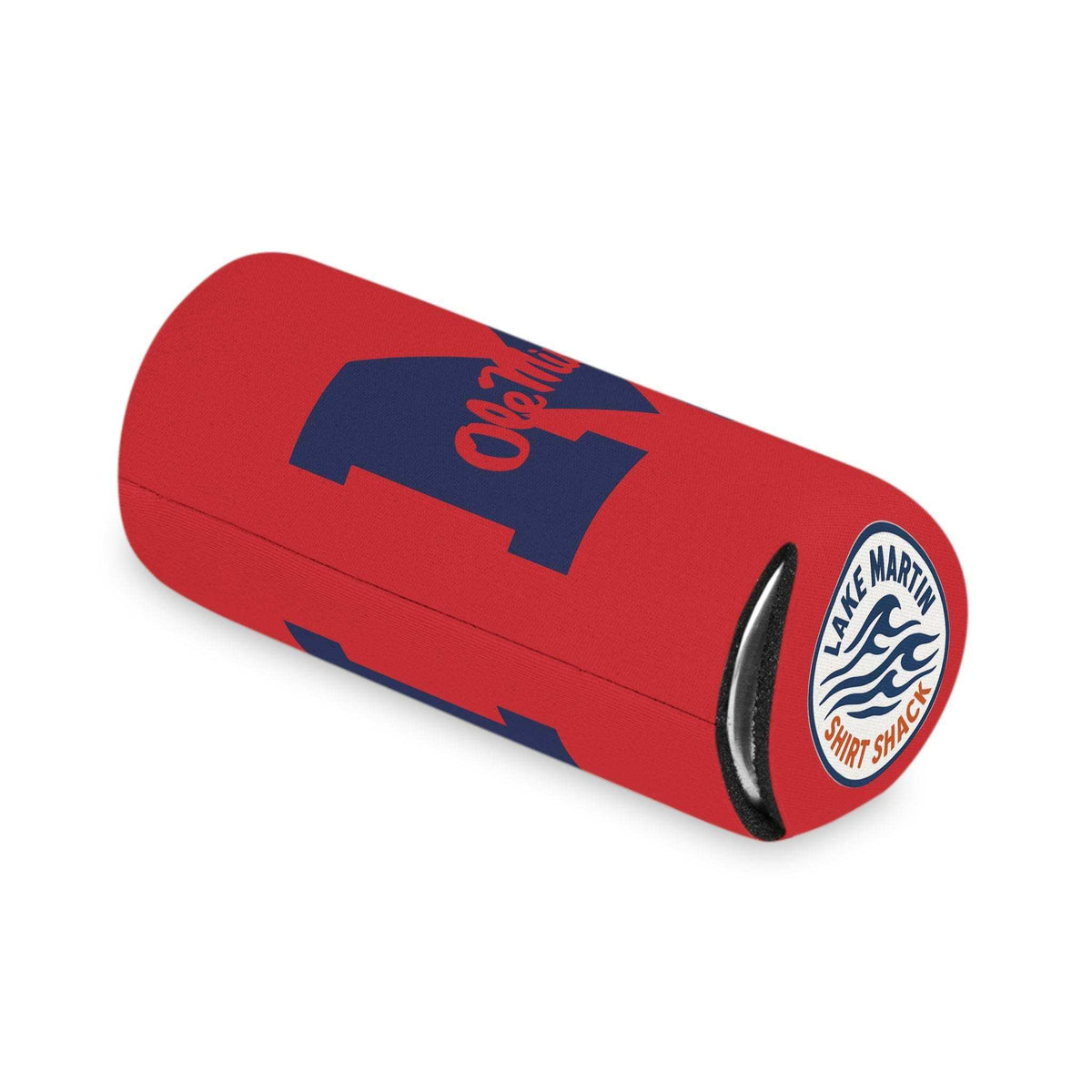 Ole Miss M Logo Can Cooler in red polyester with navy block M and script, featuring a circular Lake Martin emblem on the bottom