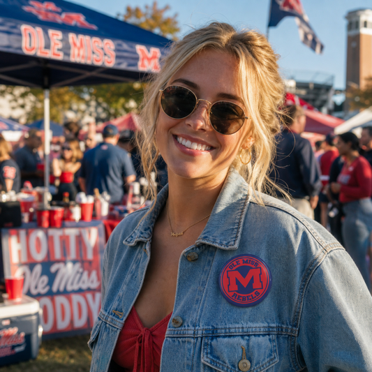 Ole Miss Rebels M Logo Pin in red and navy blue on a light denim jacket worn by a smiling woman with sunglasses at a tailgate event