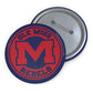 Ole Miss Rebels M Logo Pin round button with glossy finish featuring red and navy colors, steel safety-pin backing
