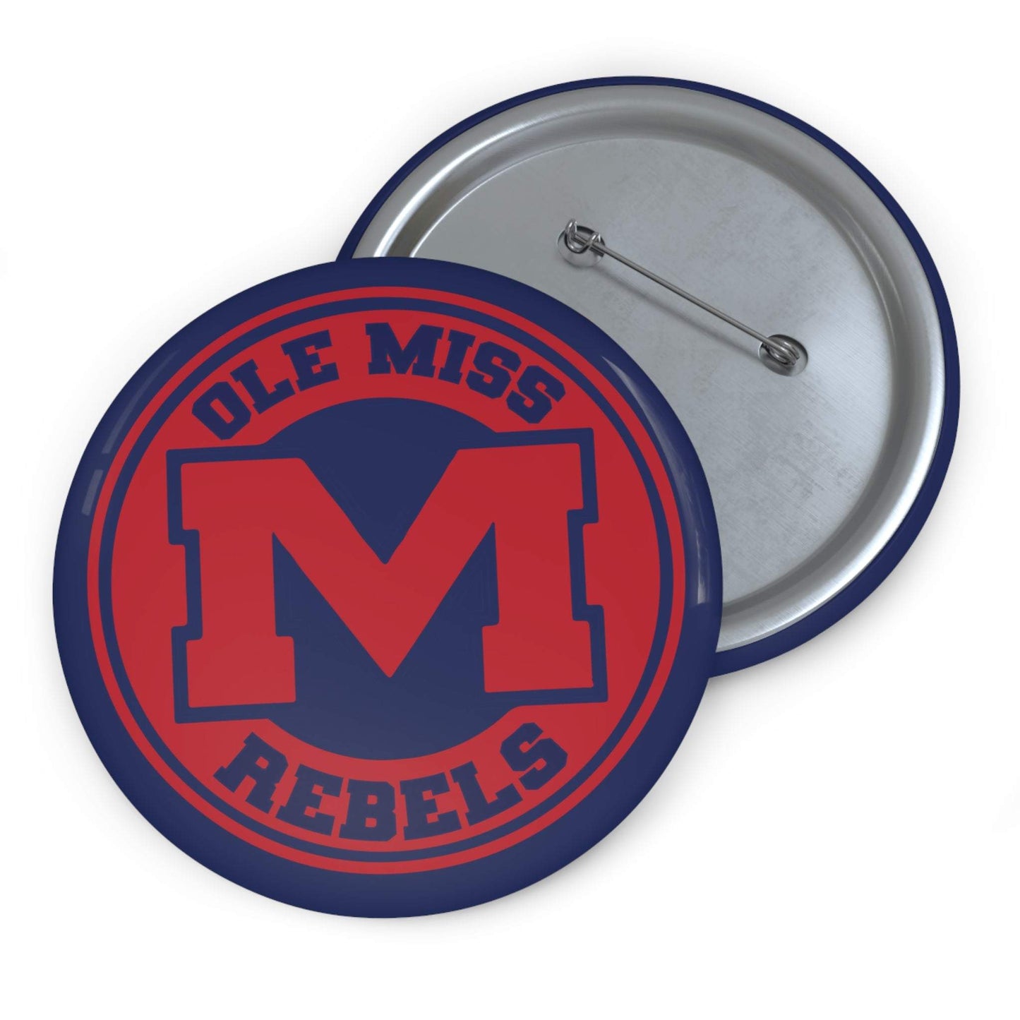 Ole Miss Rebels M Logo Pin round button with glossy finish featuring red and navy colors, steel safety-pin backing