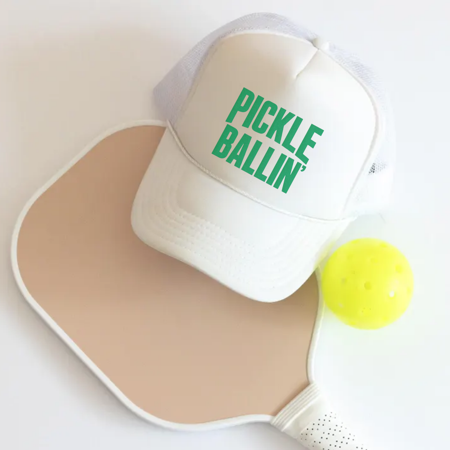Pickle Ballin’ Trucker Hat in white foam and mesh with bold green graphic and structured curved brim