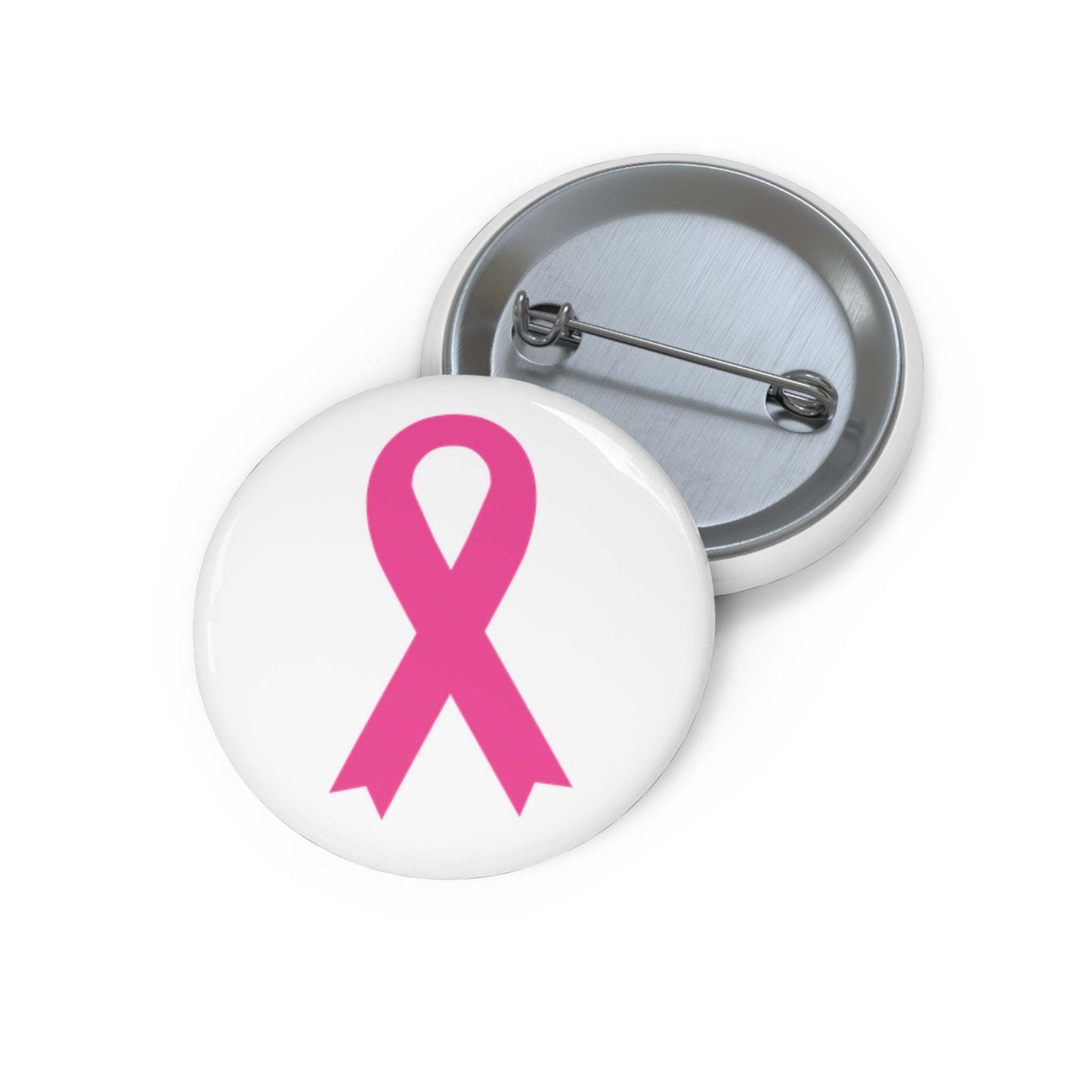 Pink Awareness Ribbon Pin metal button with glossy white finish and vibrant pink ribbon design, steel safety-pin backing