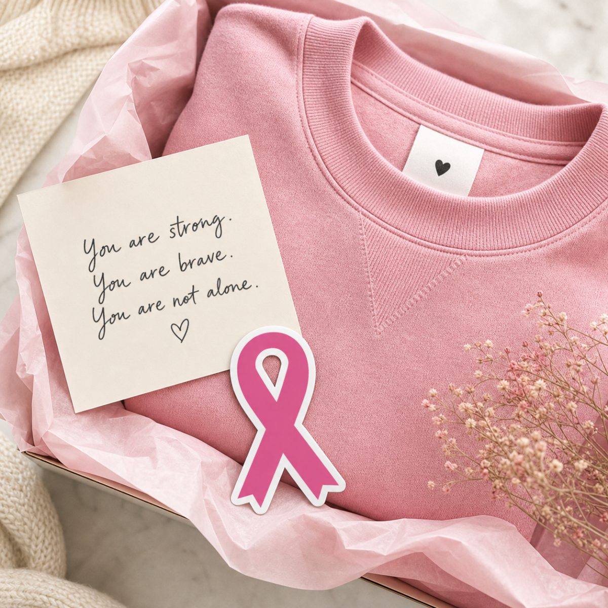 Pink Awareness Ribbon sticker in pink and white, featuring a die-cut ribbon shape with a smooth matte finish