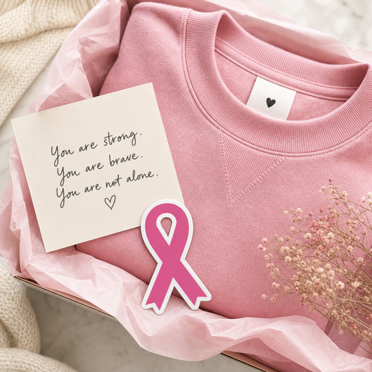 Pink Awareness Ribbon sticker in pink and white, featuring a die-cut ribbon shape with a smooth matte finish