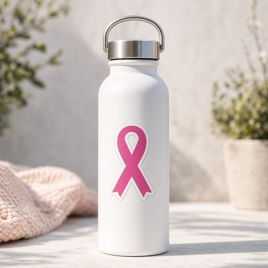 Pink Awareness Ribbon sticker in bright pink and white on a matte white reusable metal water bottle
