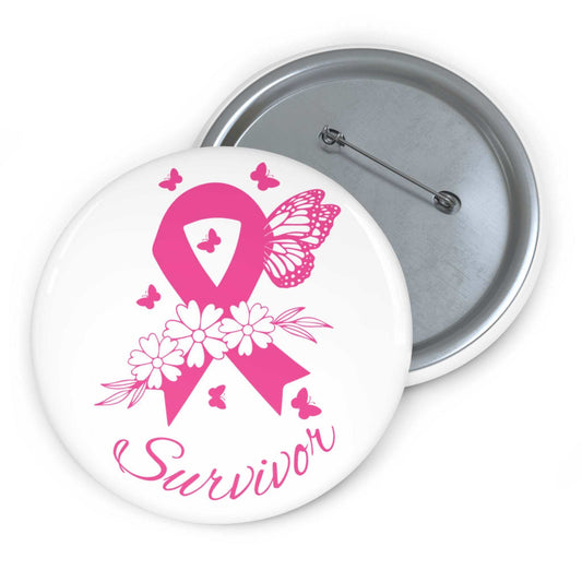 Pink Ribbon Survivor Pin with bright pink awareness ribbon, floral and butterfly accents, and the word Survivor in cursive on white background