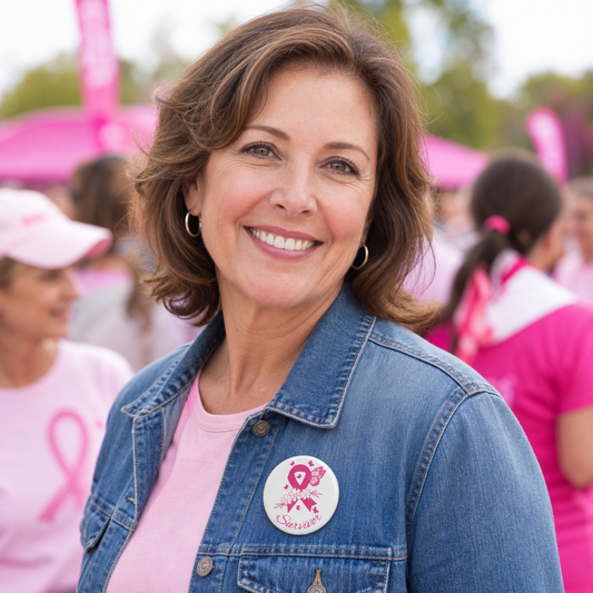 Pink Ribbon Survivor Pin featuring a bright pink ribbon with floral and butterfly accents on a white circular background pinned to a denim jacket