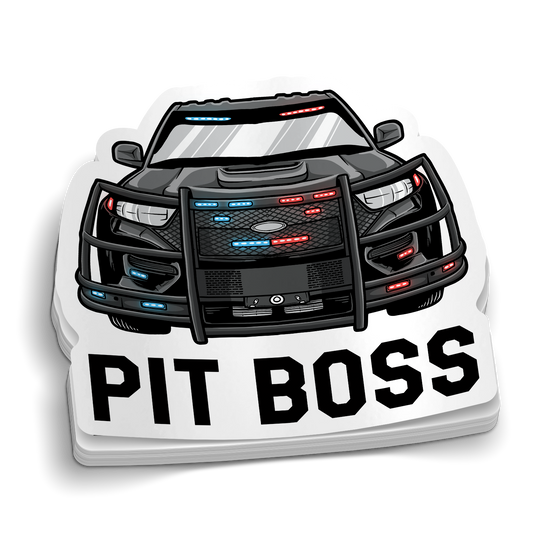 PIT Boss Funny Police Sticker featuring a black police car with red and blue lights and bold PIT BOSS lettering