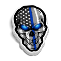Police Skull sticker with black and white skull, blue line, American flag pattern, and glowing blue eyes