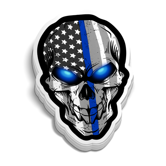 Police Skull sticker with black and white skull, blue line, American flag pattern, and glowing blue eyes