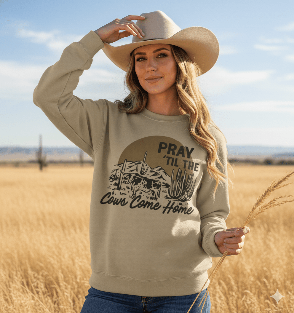 Unisex Pray Til The Cows Come Home graphic sweatshirt made of 50/50 cotton-poly blend printed on Gildan, made in the USA
