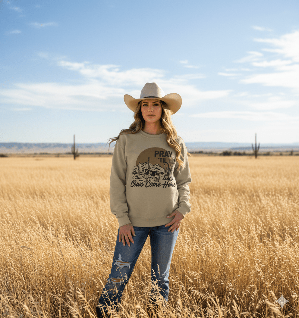 Unisex Pray Til The Cows Come Home graphic sweatshirt made of 50/50 cotton-poly blend on Gildan, made in USA