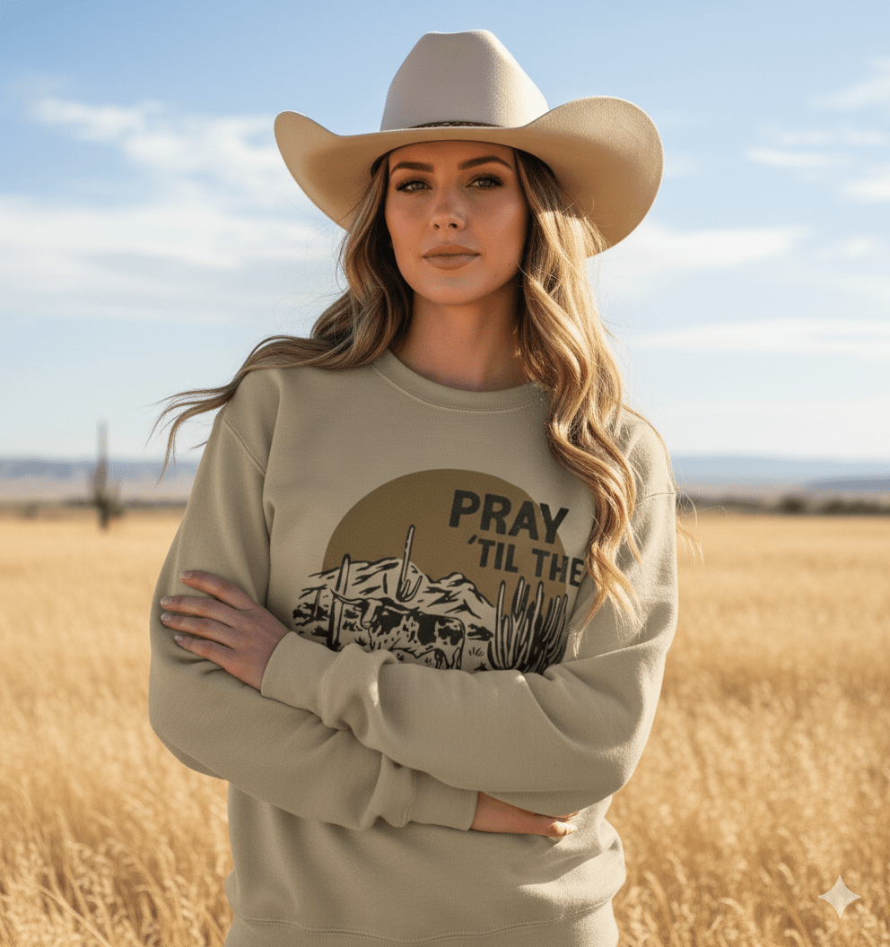 Unisex Pray Til The Cows Come Home graphic sweatshirt made of 50/50 cotton-poly blend printed on Gildan, made in USA