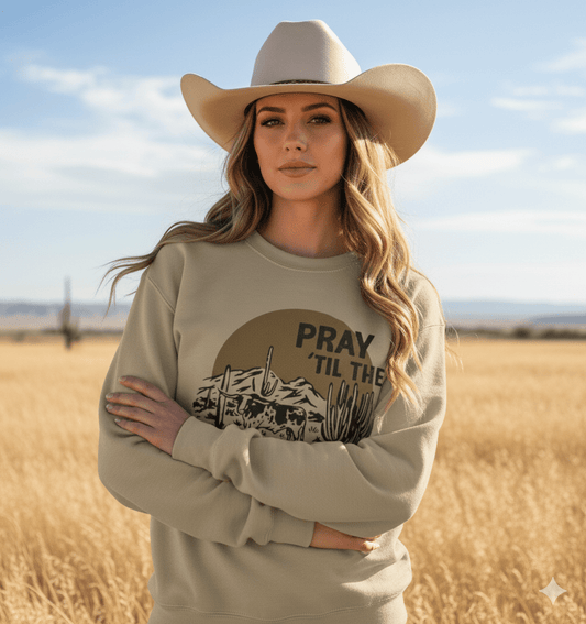 Unisex Pray Til The Cows Come Home graphic sweatshirt made of 50/50 cotton-poly blend printed on Gildan, made in USA