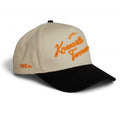 Pre-curved Trucker hat in beige with a black brim, orange Knoxville Tennessee script, and side logo