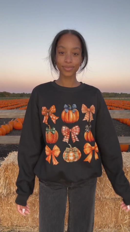 Pumpkin & Bows Crewneck Sweatshirt — Fall Pumpkin Graphic Pullover