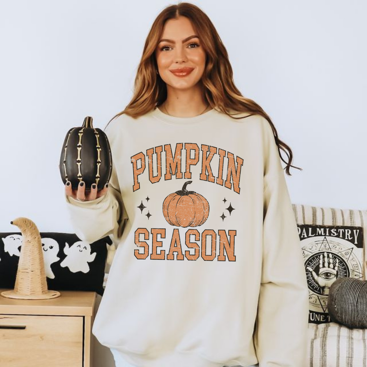 Pumpkin Season Crewneck Sweatshirt in cream cotton blend with orange pumpkin graphic and retro collegiate lettering