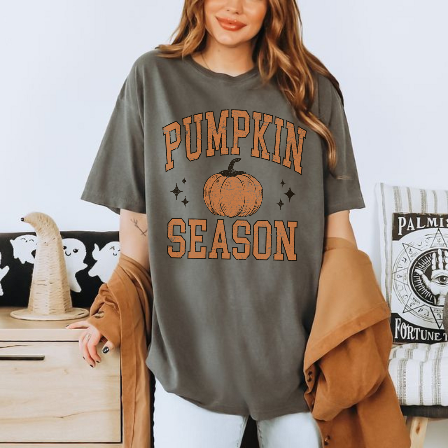 Pumpkin Season Graphic Tee in charcoal gray cotton with orange retro lettering, pumpkin graphic, and relaxed fit