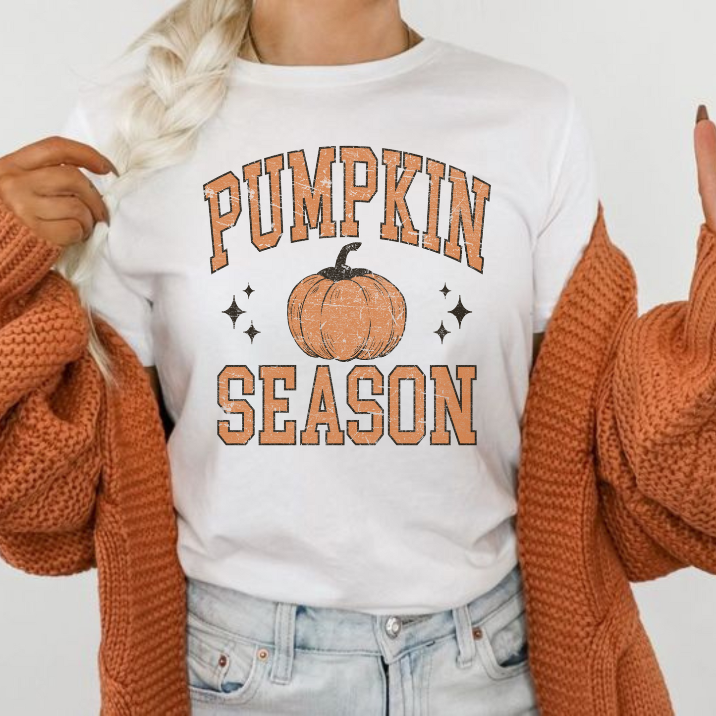 Pumpkin Season Graphic Tee in white cotton with distressed orange lettering and pumpkin graphic on the front