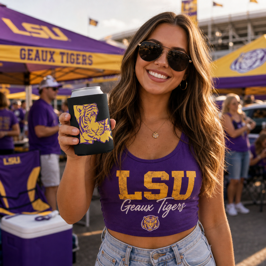 Purple Gold Tiger can cooler with bold purple and gold tiger and Louisiana state outline on black, held by woman in LSU top